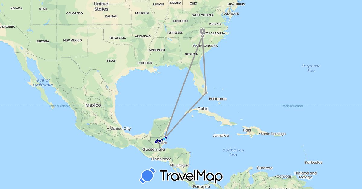 TravelMap itinerary: driving, plane, boat in Belize, Guatemala, United States (North America)